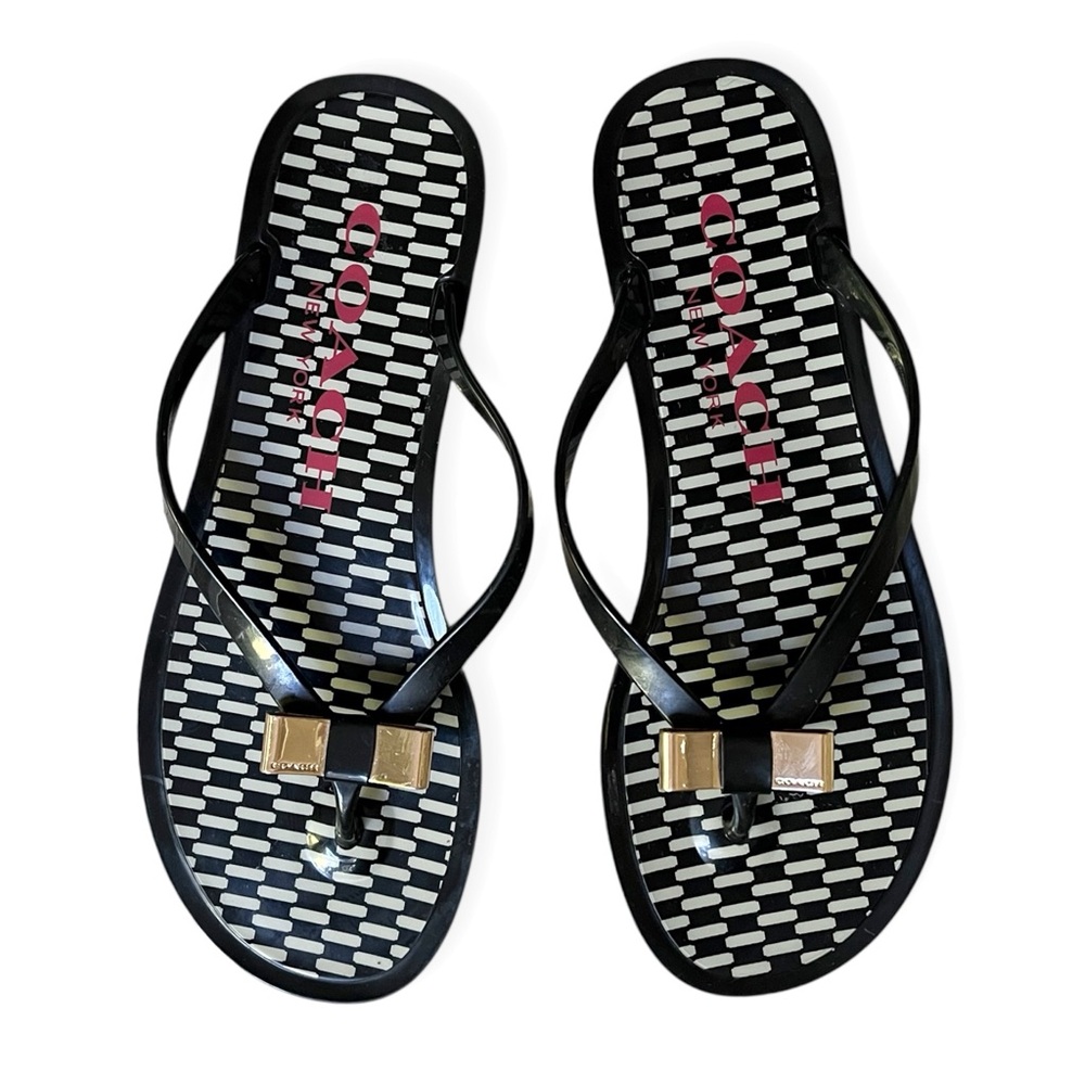 COACH Landon Black Thong Jelly Flip Flops Sandals with Gold Metal Bow, sz 6B